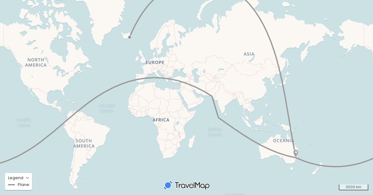 TravelMap itinerary: driving, plane in Australia, Iceland, Maldives, Pakistan, Venezuela (Asia, Europe, Oceania, South America)